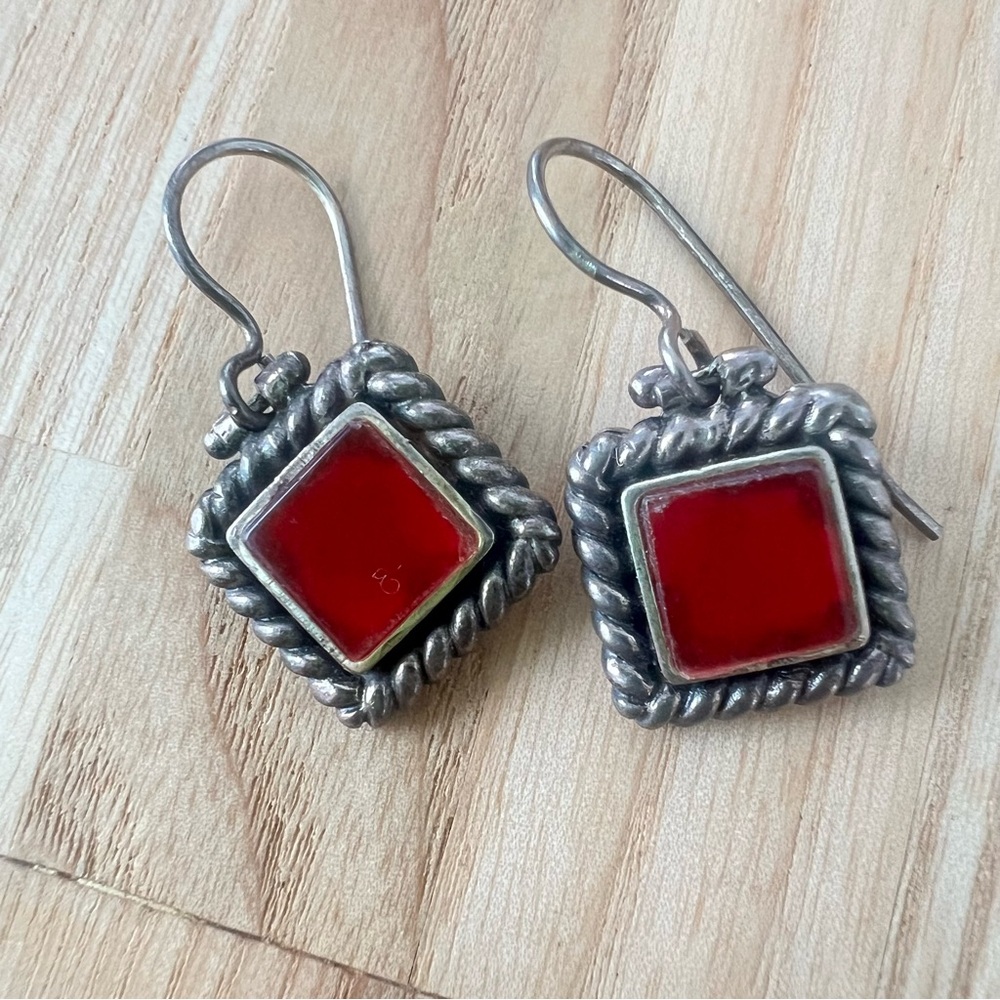 925 Sterling silver red square box chain dangle earrings on hooks